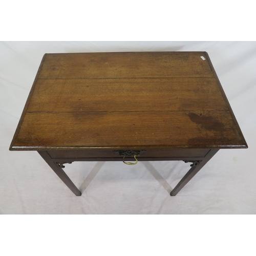 99 - Victorian oak side table with frieze drawer, brass drop handle & pierced back plate, on square legs