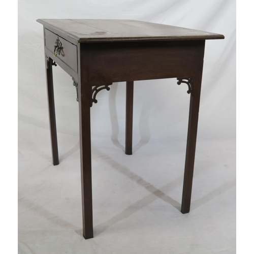 99 - Victorian oak side table with frieze drawer, brass drop handle & pierced back plate, on square legs