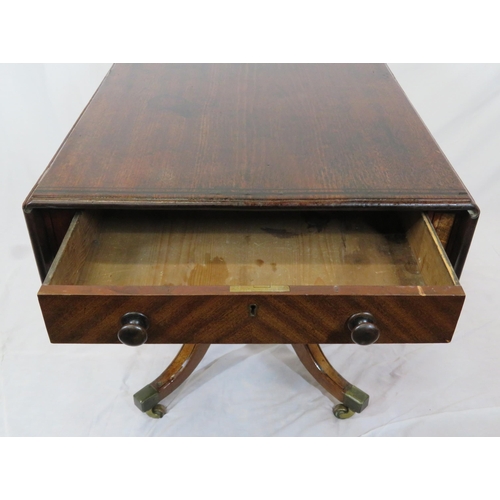 105 - Georgian dropleaf table with rounded borders, pull-out supports, frieze drawer with bun handles, rai... 