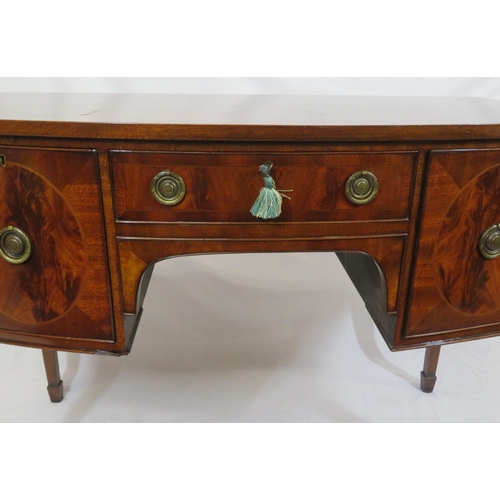 10 - Edwardian inlaid mahogany bow fronted sideboard with frieze drawer, two side presses, brass drop han... 