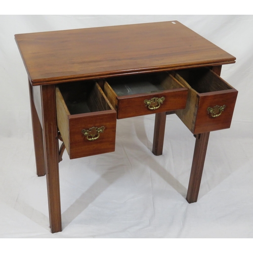 101 - Victorian mahogany lowboy with reeded borders, three drawers with brass drop handles & shaped back p... 