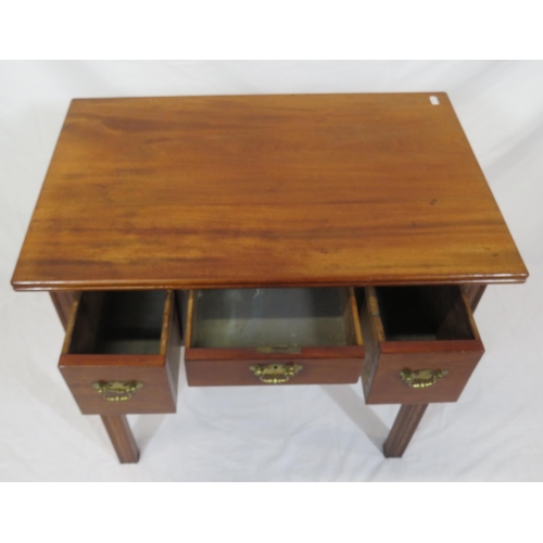 101 - Victorian mahogany lowboy with reeded borders, three drawers with brass drop handles & shaped back p... 