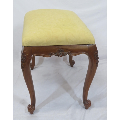 104 - Victorian design stool with upholstered top, foliate carving, & cabriole legs