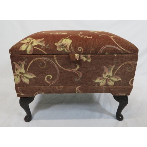 119 - Victorian style dressing stool with upholstered lift-up top, on carved cabriole legs with pad feet