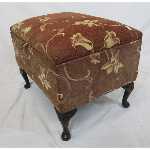 119 - Victorian style dressing stool with upholstered lift-up top, on carved cabriole legs with pad feet