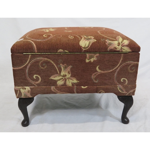 119 - Victorian style dressing stool with upholstered lift-up top, on carved cabriole legs with pad feet