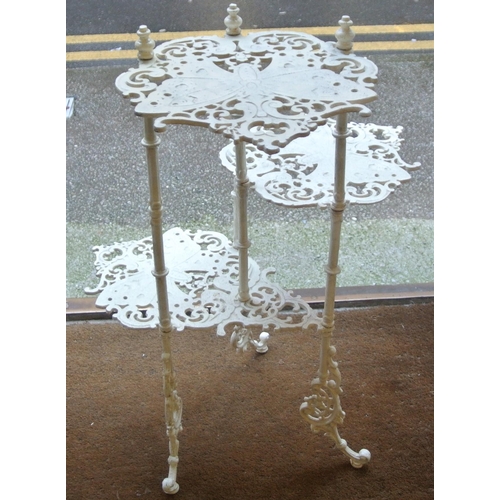 124 - Ornate cast iron three tier butterfly decorated plant stand with pierced decoration & shaped legs