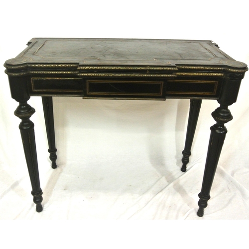 125 - French Empire style ebonised card table with fold-over top, brass inlay, 'dog-ear' candle corners, r... 