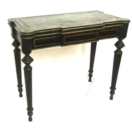 125 - French Empire style ebonised card table with fold-over top, brass inlay, 'dog-ear' candle corners, r... 