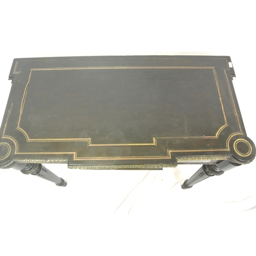 125 - French Empire style ebonised card table with fold-over top, brass inlay, 'dog-ear' candle corners, r... 