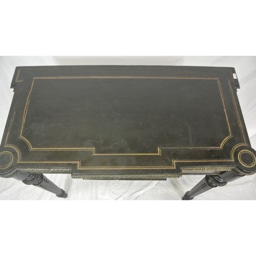 125 - French Empire style ebonised card table with fold-over top, brass inlay, 'dog-ear' candle corners, r... 