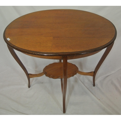 136 - Edwardian two tier oval mahogany occasional table with cabriole legs & shaped stretcher