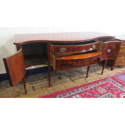 150 - Edwardian Sheraton inlaid & crossbanded serpentine fronted sideboard with bowed frieze drawer, naper... 