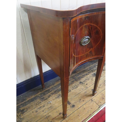 150 - Edwardian Sheraton inlaid & crossbanded serpentine fronted sideboard with bowed frieze drawer, naper... 