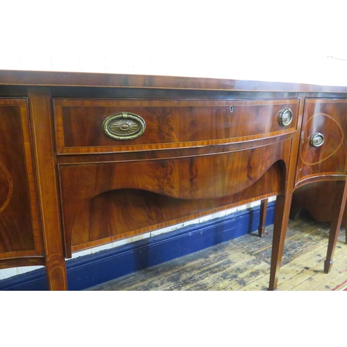 150 - Edwardian Sheraton inlaid & crossbanded serpentine fronted sideboard with bowed frieze drawer, naper... 