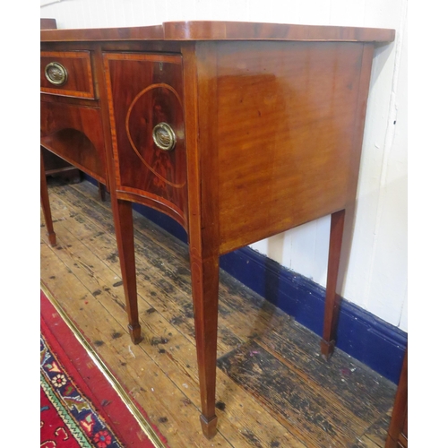 150 - Edwardian Sheraton inlaid & crossbanded serpentine fronted sideboard with bowed frieze drawer, naper... 