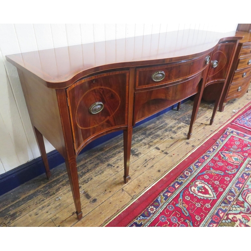 150 - Edwardian Sheraton inlaid & crossbanded serpentine fronted sideboard with bowed frieze drawer, naper... 