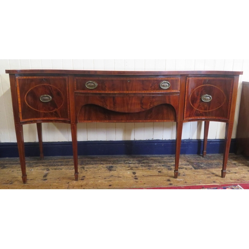 150 - Edwardian Sheraton inlaid & crossbanded serpentine fronted sideboard with bowed frieze drawer, naper... 