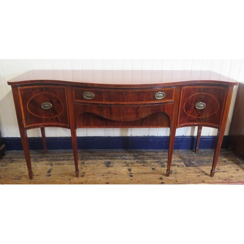 150 - Edwardian Sheraton inlaid & crossbanded serpentine fronted sideboard with bowed frieze drawer, naper... 