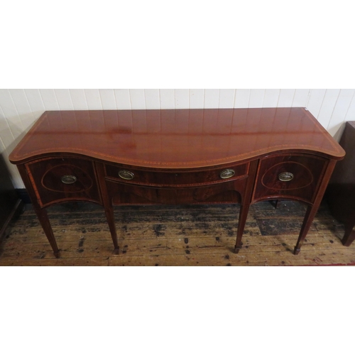 150 - Edwardian Sheraton inlaid & crossbanded serpentine fronted sideboard with bowed frieze drawer, naper... 