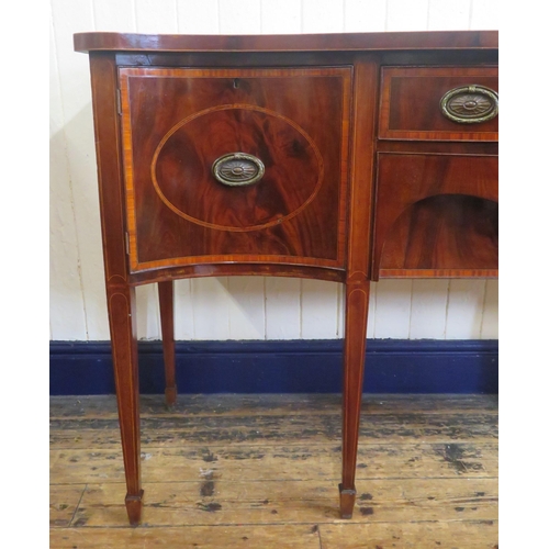 150 - Edwardian Sheraton inlaid & crossbanded serpentine fronted sideboard with bowed frieze drawer, naper... 