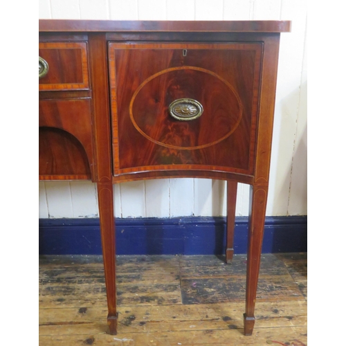 150 - Edwardian Sheraton inlaid & crossbanded serpentine fronted sideboard with bowed frieze drawer, naper... 