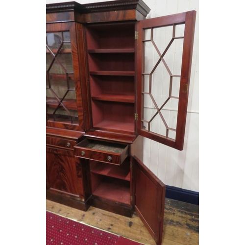 180 - Edwardian mahogany breakfront bookcase with dentil frieze, astragal glazed doors with shelved interi... 