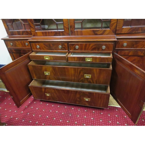 180 - Edwardian mahogany breakfront bookcase with dentil frieze, astragal glazed doors with shelved interi... 