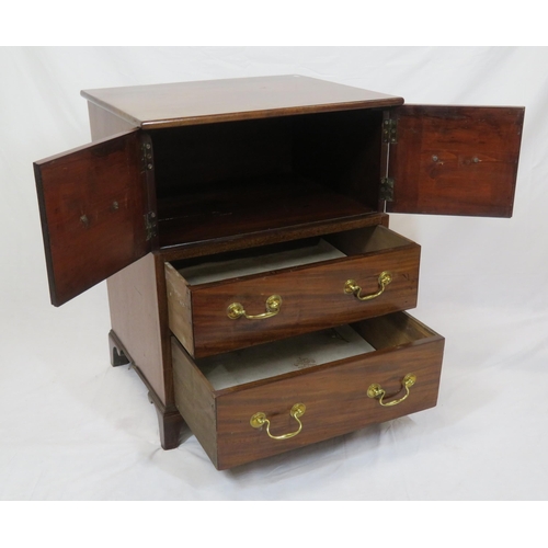 21 - Edwardian walnut cabinet with two doors, two drawers under with brass drop handles, on bracket feet