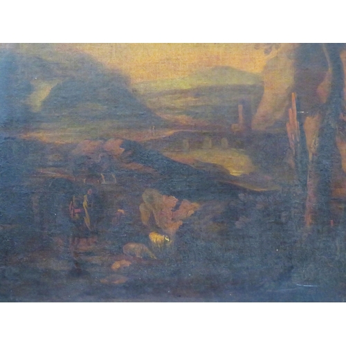 269 - Italian school 'Extensive mountainside landscape with trees, figures, bridge & river' oil on canvas ... 