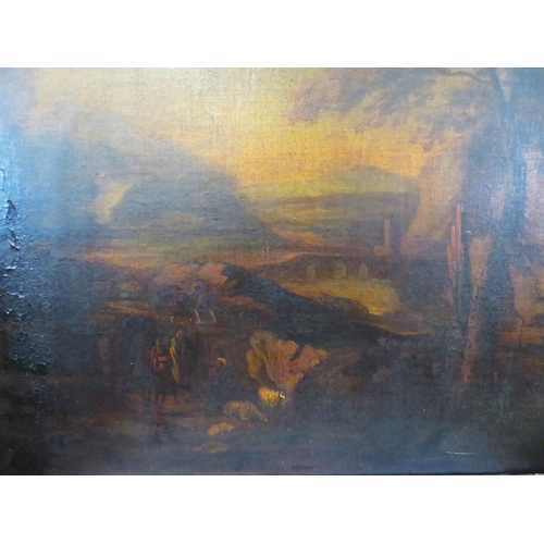 269 - Italian school 'Extensive mountainside landscape with trees, figures, bridge & river' oil on canvas ... 