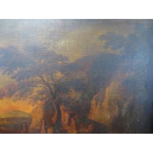 269 - Italian school 'Extensive mountainside landscape with trees, figures, bridge & river' oil on canvas ... 