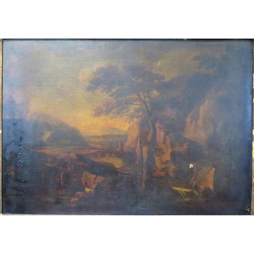 269 - Italian school 'Extensive mountainside landscape with trees, figures, bridge & river' oil on canvas ... 