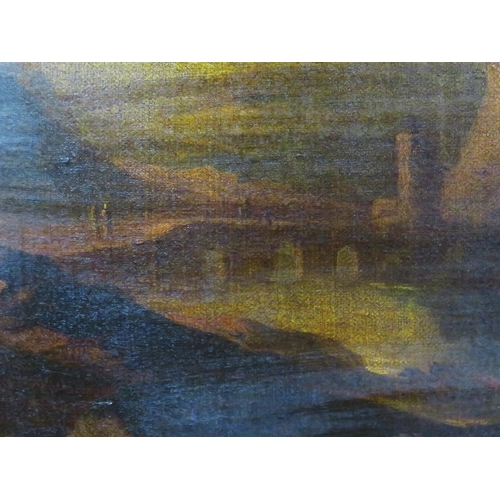 269 - Italian school 'Extensive mountainside landscape with trees, figures, bridge & river' oil on canvas ... 