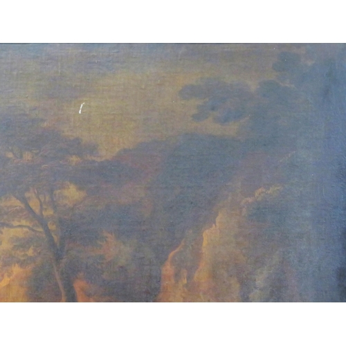 269 - Italian school 'Extensive mountainside landscape with trees, figures, bridge & river' oil on canvas ... 