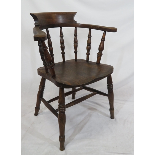 295 - Victorian open Windsor armchair with shaped arms, turned rails, turned legs with stretchers