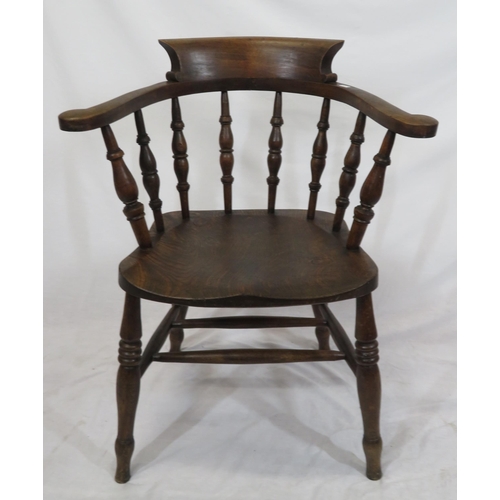 295 - Victorian open Windsor armchair with shaped arms, turned rails, turned legs with stretchers