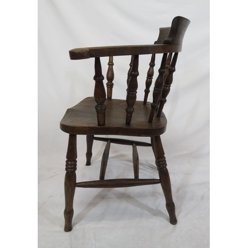 295 - Victorian open Windsor armchair with shaped arms, turned rails, turned legs with stretchers