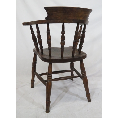 295 - Victorian open Windsor armchair with shaped arms, turned rails, turned legs with stretchers