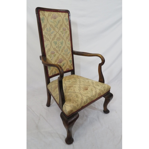 299 - Victorian mahogany open armchair with foliate upholstery, shaped arms, on cabriole legs with pad fee... 