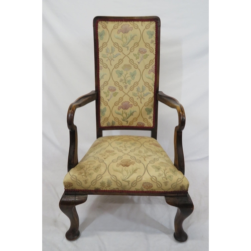 299 - Victorian mahogany open armchair with foliate upholstery, shaped arms, on cabriole legs with pad fee... 