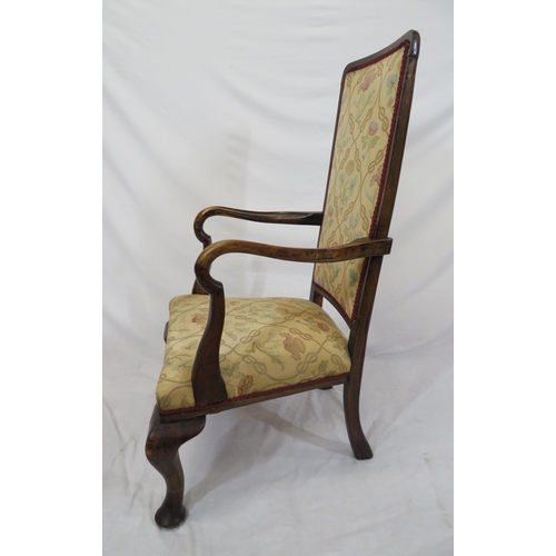 299 - Victorian mahogany open armchair with foliate upholstery, shaped arms, on cabriole legs with pad fee... 