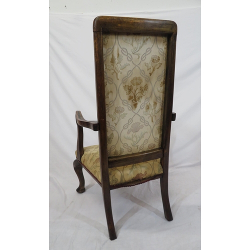 299 - Victorian mahogany open armchair with foliate upholstery, shaped arms, on cabriole legs with pad fee... 