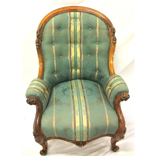 303 - Victorian walnut ladies chair with domed back, foliate carving& upholstery, serpentine fronted seat,... 