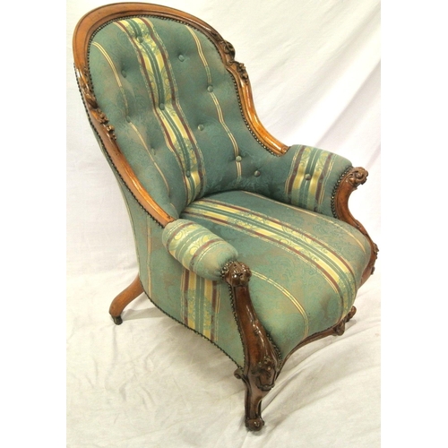 303 - Victorian walnut ladies chair with domed back, foliate carving& upholstery, serpentine fronted seat,... 