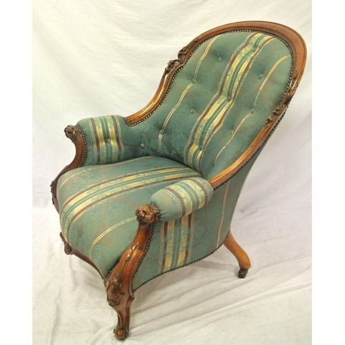 303 - Victorian walnut ladies chair with domed back, foliate carving& upholstery, serpentine fronted seat,... 