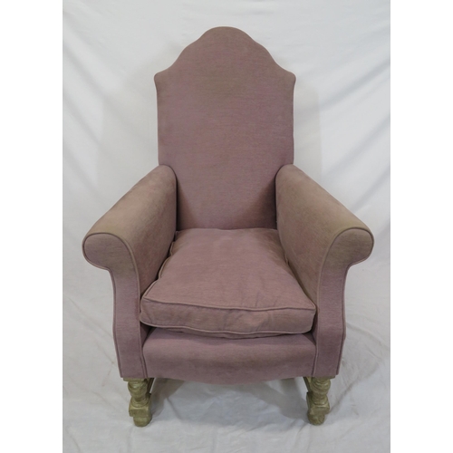 304 - Victorian pine armchair with domed back, serpentine fronted seat, columns with stretchers, & ball fe... 