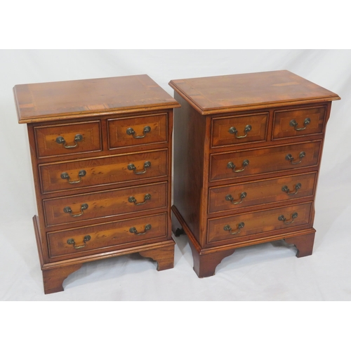 34 - Pair of  Edwardian style inlaid yew chests with two short & three long drawers, with drop handles, o... 