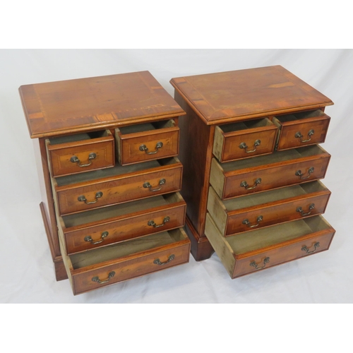 34 - Pair of  Edwardian style inlaid yew chests with two short & three long drawers, with drop handles, o... 