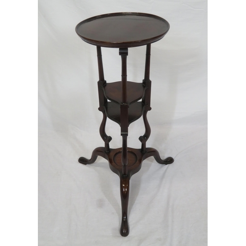 44 - Victorian mahogany three tier lamp or bust stand with shaped columns, on hipped tripod